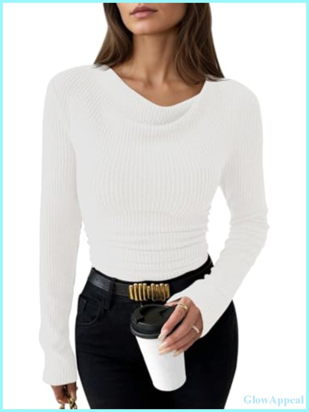 Long Sleeve Cowl Neck Ribbed Knit Slim Fit Ruched Top